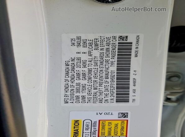 2HGFE2F51SH592101 2025 HONDA CIVIC White Widok komory silnika