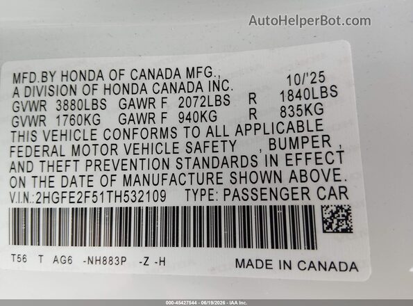 2HGFE2F51TH532109 2026 HONDA CIVIC White Engine compartment view