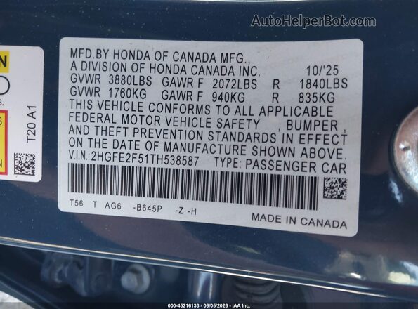 2HGFE2F51TH538587 2026 HONDA CIVIC Blue Engine compartment view