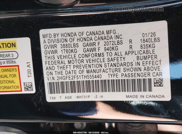 2HGFE2F51TH555440 2026 HONDA CIVIC Black Engine compartment view