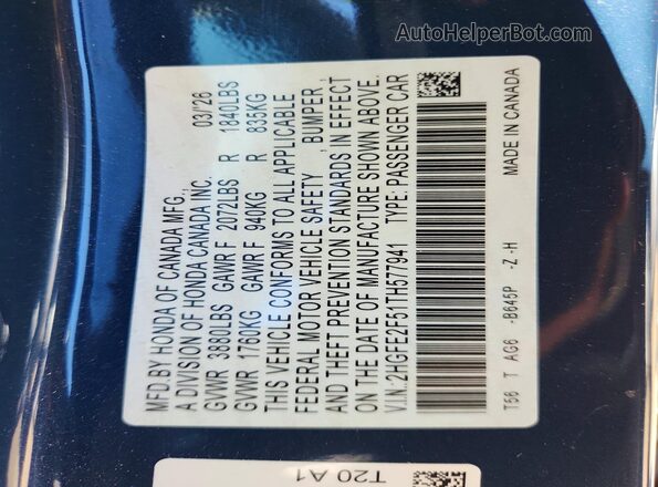 2HGFE2F51TH577941 2026 HONDA CIVIC Blue VIN կոդի պիտակի տեսք