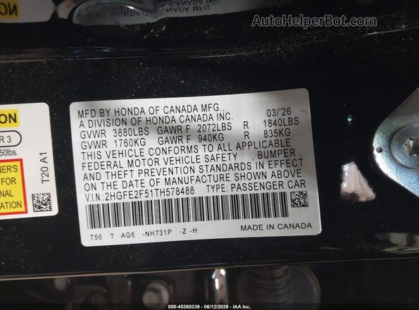 2HGFE2F51TH578488 2026 HONDA CIVIC Black ძრავის განყოფილების ხედი