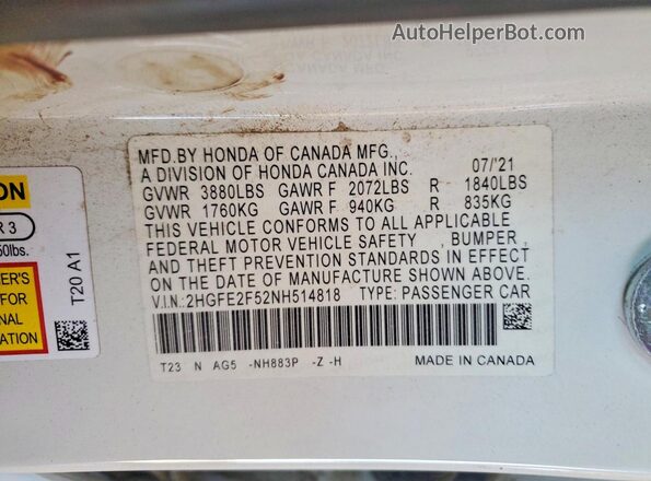 2HGFE2F52NH514818 2022 HONDA CIVIC Белый Вид подкапотного пространства