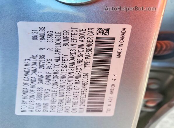 2HGFE2F52NH530534 2022 HONDA CIVIC Silver Вид підкапотного простору