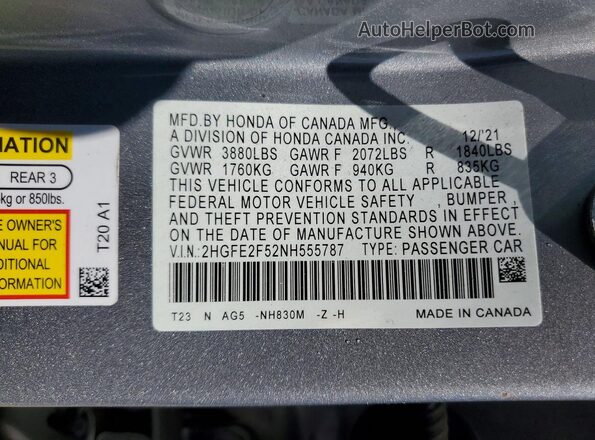 2HGFE2F52NH555787 2022 HONDA CIVIC Silver 
