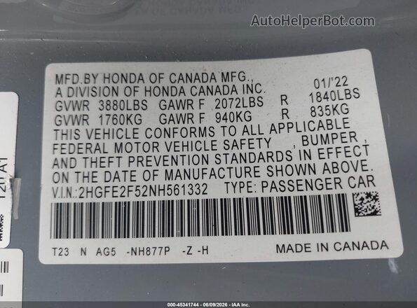 2HGFE2F52NH561332 2022 HONDA CIVIC Light Blue Engine compartment view