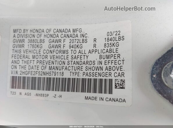 2HGFE2F52NH579118 2022 HONDA CIVIC Белый Вид подкапотного пространства