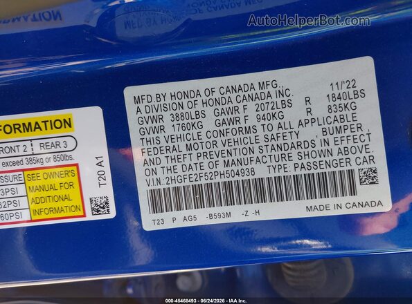 2HGFE2F52PH504938 2023 HONDA CIVIC Blue Vista del compartimento del motor