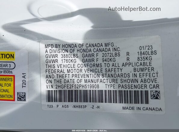 2HGFE2F52PH519908 2023 HONDA CIVIC White ძრავის განყოფილების ხედი