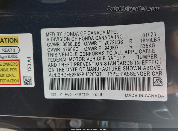 2HGFE2F52PH520637 2023 HONDA CIVIC Black ძრავის განყოფილების ხედი
