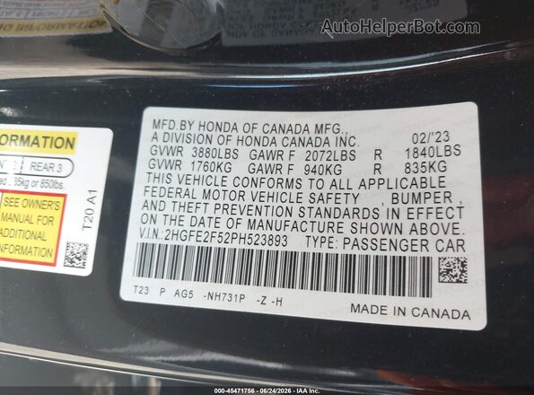 2HGFE2F52PH523893 2023 HONDA CIVIC Black Widok komory silnika