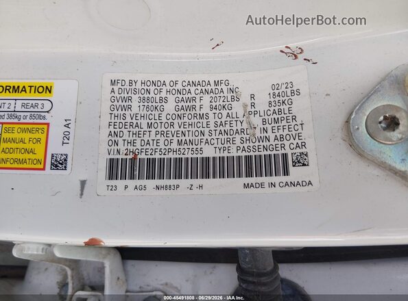 2HGFE2F52PH527555 2023 HONDA CIVIC White Vista del compartimento del motor