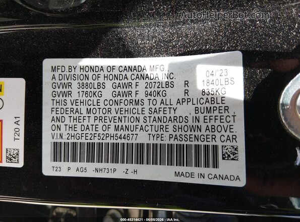 2HGFE2F52PH544677 2023 HONDA CIVIC Black Vista del compartimento del motor