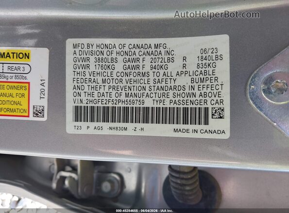 2HGFE2F52PH559759 2023 HONDA CIVIC Silver Շարժիչի բաժամունքի տեսք