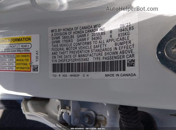 2HGFE2F52RH505462 2024 HONDA CIVIC White Widok komory silnika