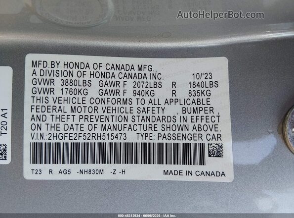 2HGFE2F52RH515473 2024 HONDA CIVIC Silver Widok komory silnika