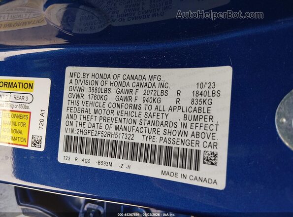 2HGFE2F52RH517322 2024 HONDA CIVIC Blue Widok komory silnika