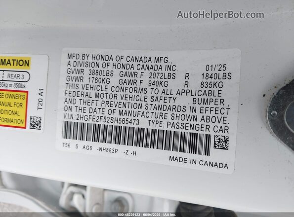 2HGFE2F52SH565473 2025 HONDA CIVIC White 