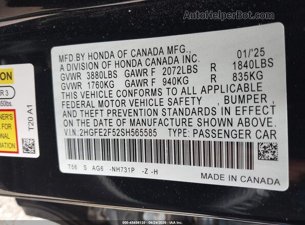 2HGFE2F52SH565585 2025 HONDA CIVIC Black Engine compartment view