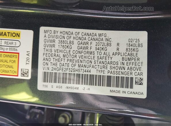 2HGFE2F52SH573444 2025 HONDA CIVIC Gray Engine compartment view