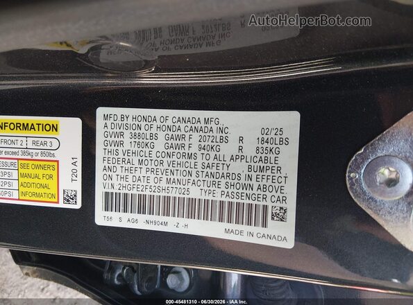 2HGFE2F52SH577025 2025 HONDA CIVIC Black Widok komory silnika