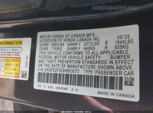 2HGFE2F52SH603073 2025 HONDA CIVIC Gray Engine compartment view