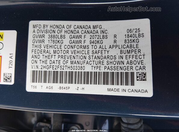 2HGFE2F52TH503380 2026 HONDA CIVIC Blue Շարժիչի բաժամունքի տեսք