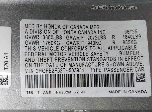 2HGFE2F52TH503931 2026 HONDA CIVIC Silver Widok komory silnika