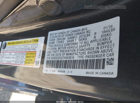 2HGFE2F52TH553616 2026 HONDA CIVIC Silver Շարժիչի բաժամունքի տեսք