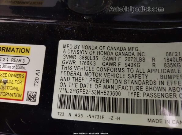 2HGFE2F53NH523690 2022 HONDA CIVIC Черный Вид подкапотного пространства
