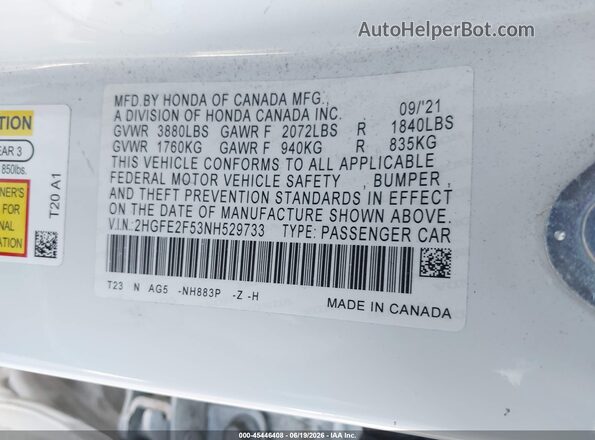 2HGFE2F53NH529733 2022 HONDA CIVIC White Շարժիչի բաժամունքի տեսք