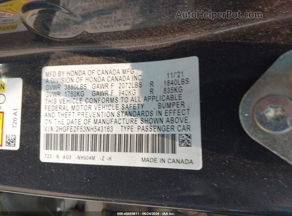 2HGFE2F53NH543163 2022 HONDA CIVIC Gray Շարժիչի բաժամունքի տեսք