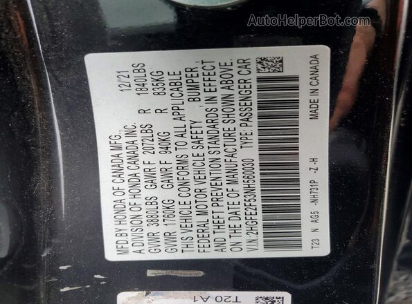 2HGFE2F53NH560030 2022 HONDA CIVIC Black VIN კოდის სტიკერის ხედი