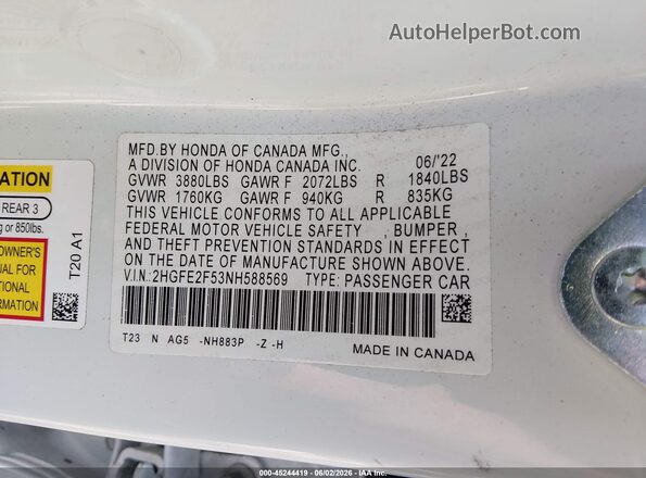 2HGFE2F53NH588569 2022 HONDA CIVIC White Vista del compartimento del motor