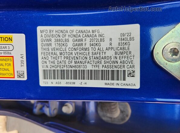 2HGFE2F53NH606133 2022 HONDA CIVIC Blue Engine compartment view