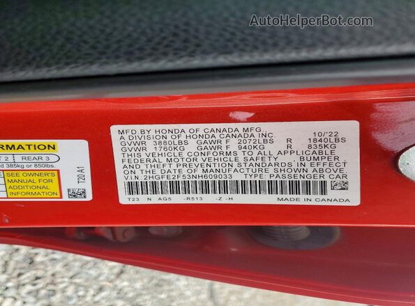 2HGFE2F53NH609033 2022 HONDA CIVIC Red Շարժիչի բաժամունքի տեսք