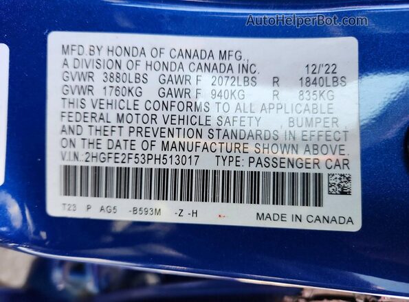 2HGFE2F53PH513017 2023 HONDA CIVIC Blue Engine compartment view