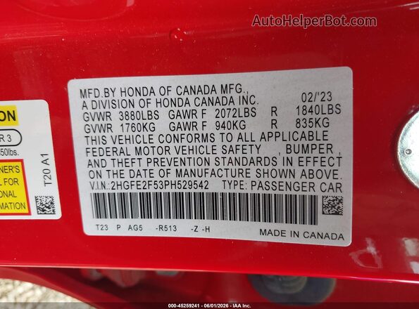 2HGFE2F53PH529542 2023 HONDA CIVIC Red Շարժիչի բաժամունքի տեսք