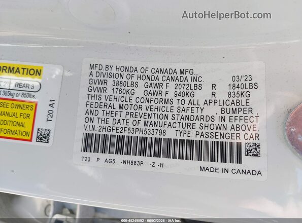 2HGFE2F53PH533798 2023 HONDA CIVIC White Widok komory silnika