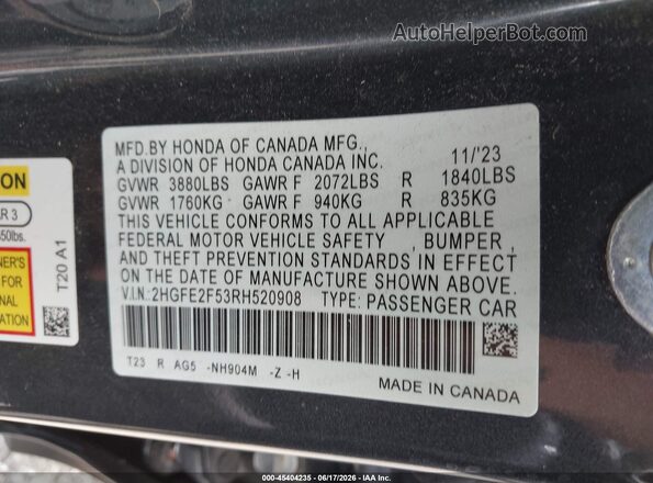 2HGFE2F53RH520908 2024 HONDA CIVIC Серый Вид подкапотного пространства