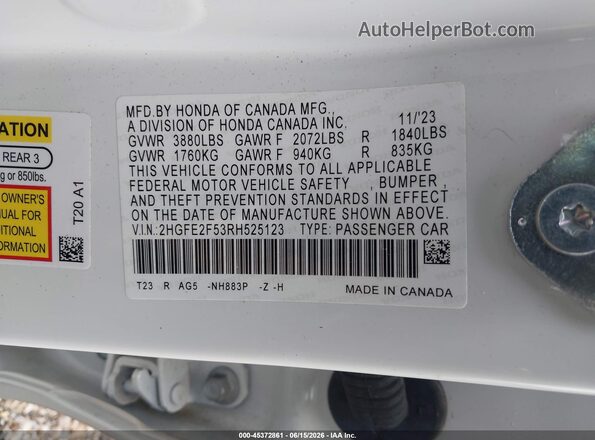2HGFE2F53RH525123 2024 HONDA CIVIC White ძრავის განყოფილების ხედი