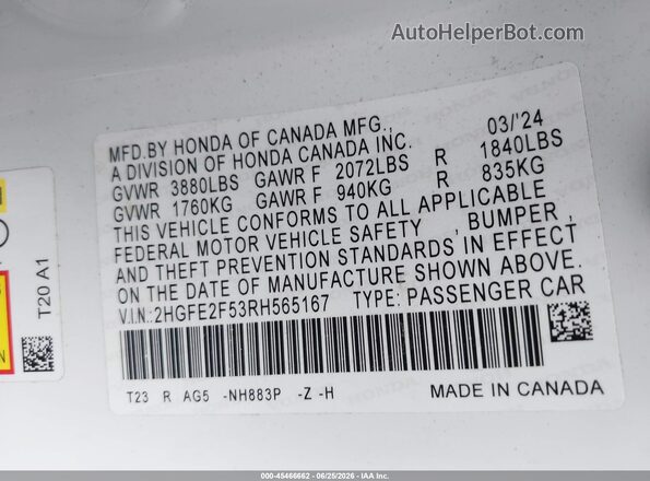 2HGFE2F53RH565167 2024 HONDA CIVIC White Engine compartment view