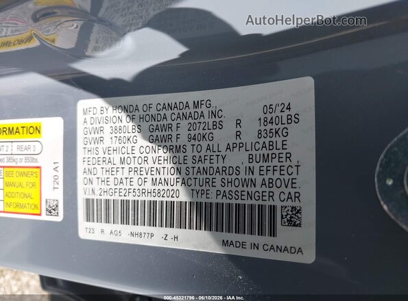 2HGFE2F53RH582020 2024 HONDA CIVIC Серый Вид подкапотного пространства