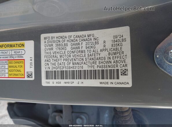 2HGFE2F53SH531316 2025 HONDA CIVIC Gray Widok komory silnika