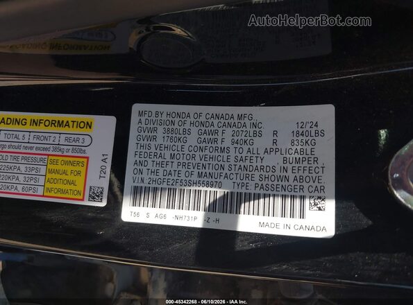 2HGFE2F53SH558970 2025 HONDA CIVIC Black Вид підкапотного простору