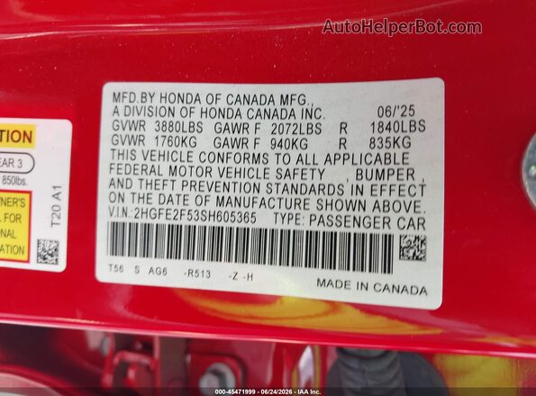 2HGFE2F53SH605365 2025 HONDA CIVIC Red Vista del compartimento del motor