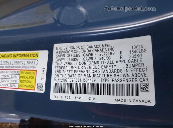 2HGFE2F53TH534489 2026 HONDA CIVIC Blue Widok komory silnika