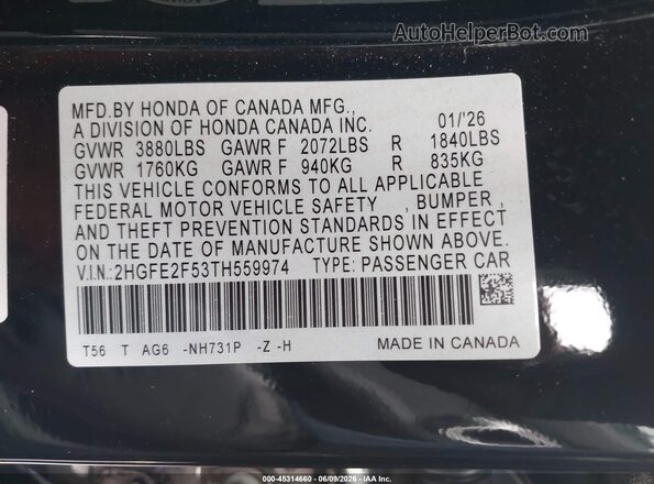 2HGFE2F53TH559974 2026 HONDA CIVIC Black Engine compartment view