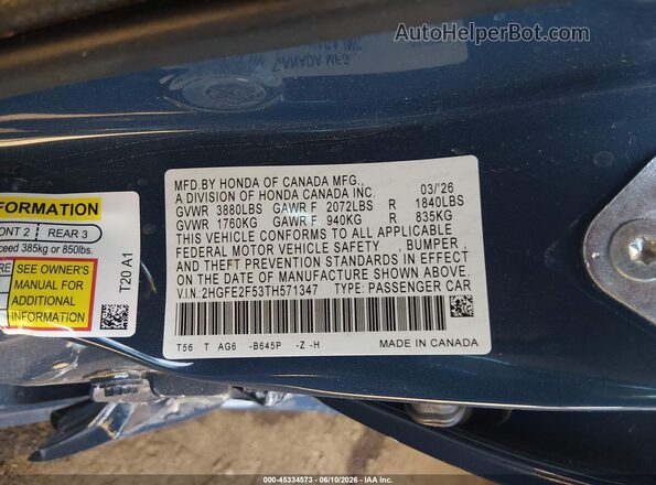 2HGFE2F53TH571347 2026 HONDA CIVIC Blue Engine compartment view