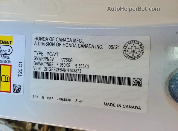 2HGFE2F54NH103873 2022 HONDA CIVIC White VIN sticker view